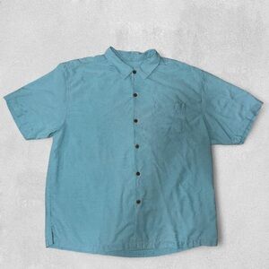 Tommy Bahama Hawaiian Camp Shirt Blue Textured 100% Silk Palm Leaves Blue XLX